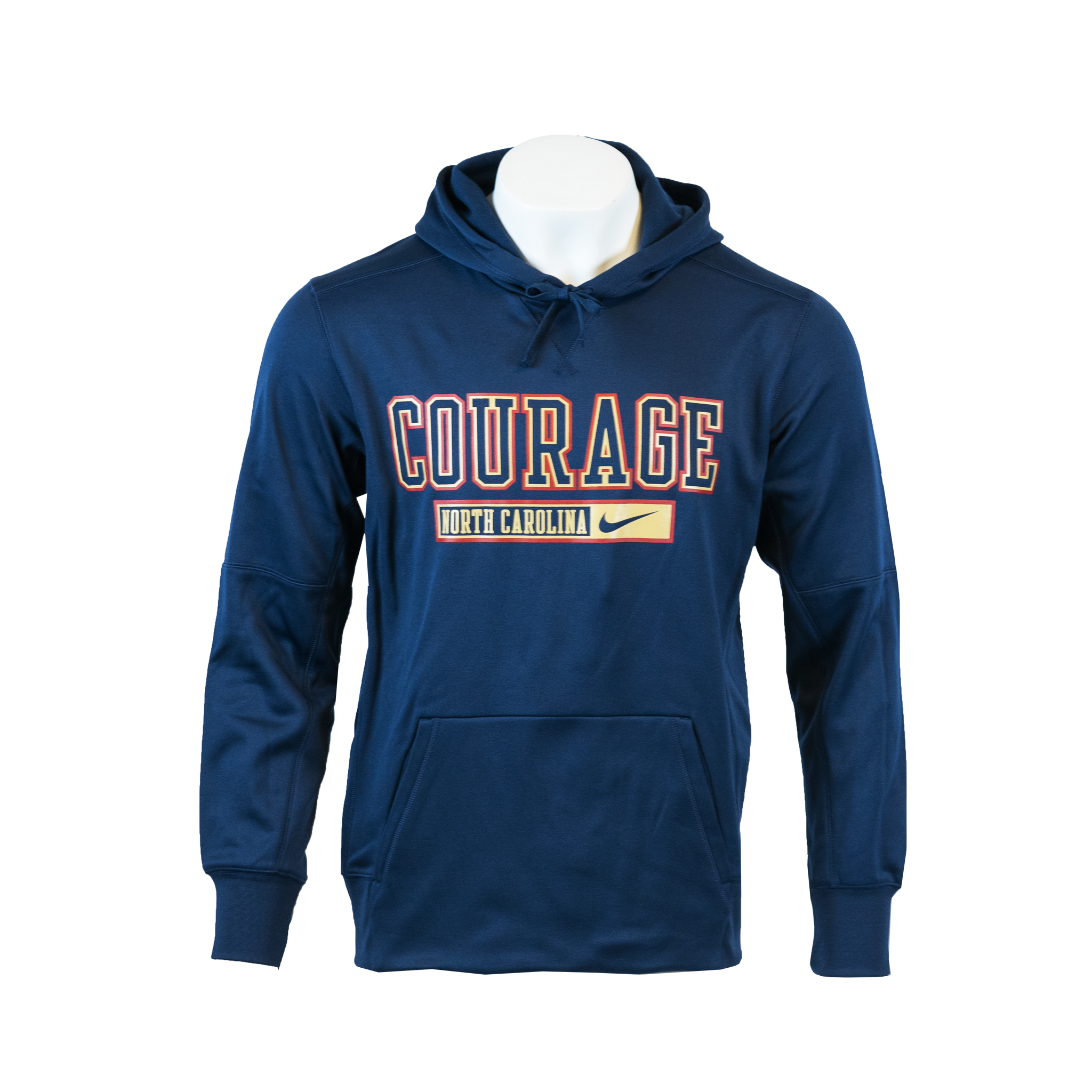 A navy blue hooded sweatshirt with the word 'COURAGE' printed on the front.