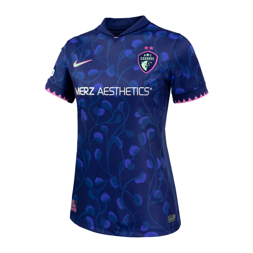 Blue sports jersey with venus flytrap patterns and branding on a white background