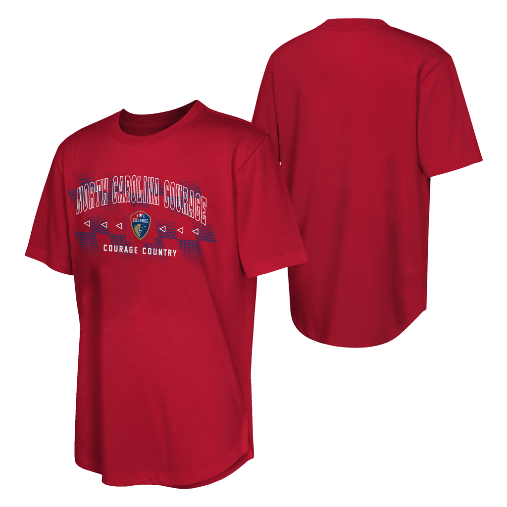 Red t-shirt with 'North Carolina Courage' text and logo on a white background