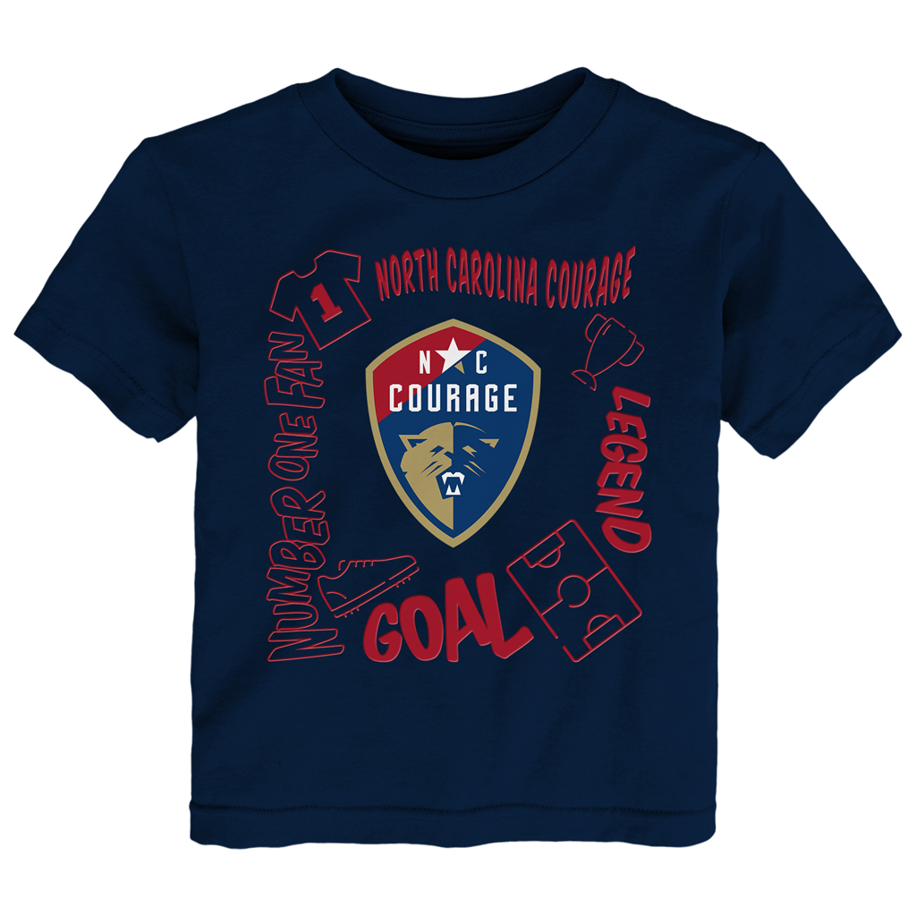 Navy blue t-shirt with sports-themed graphics and text on a white background