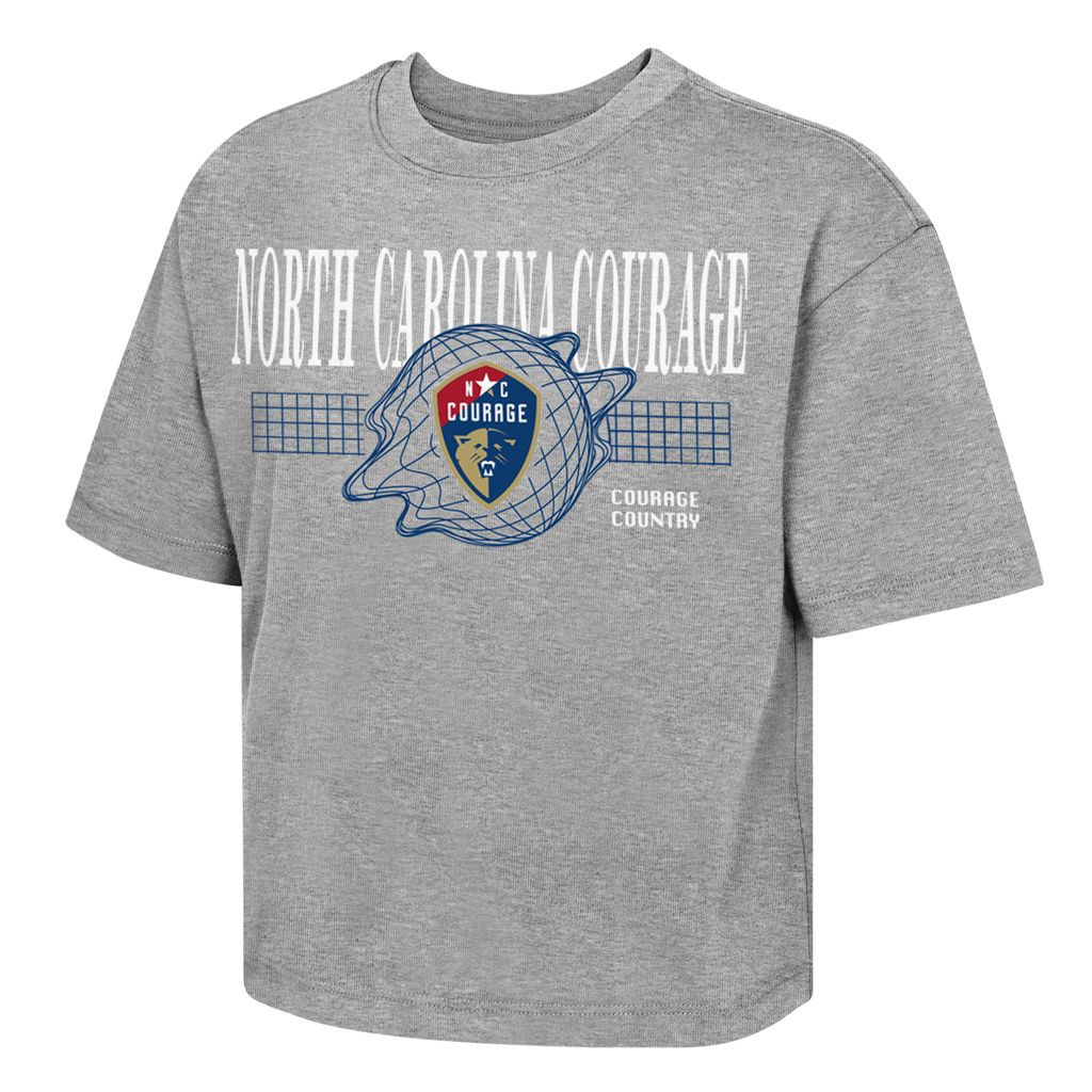 Gray t-shirt with 'North Carolina Courage' graphic on a white background