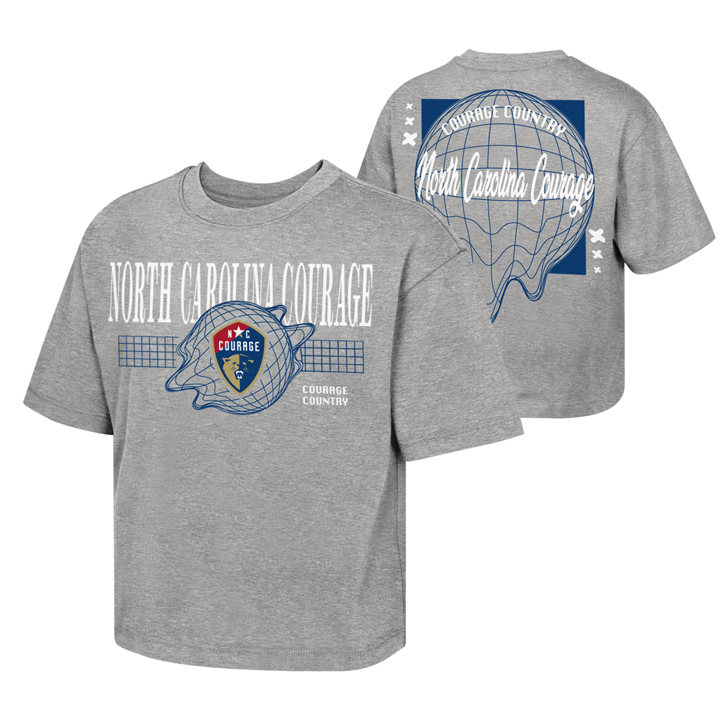 Gray t-shirt with 'North Carolina Courage' logo and design on a white background