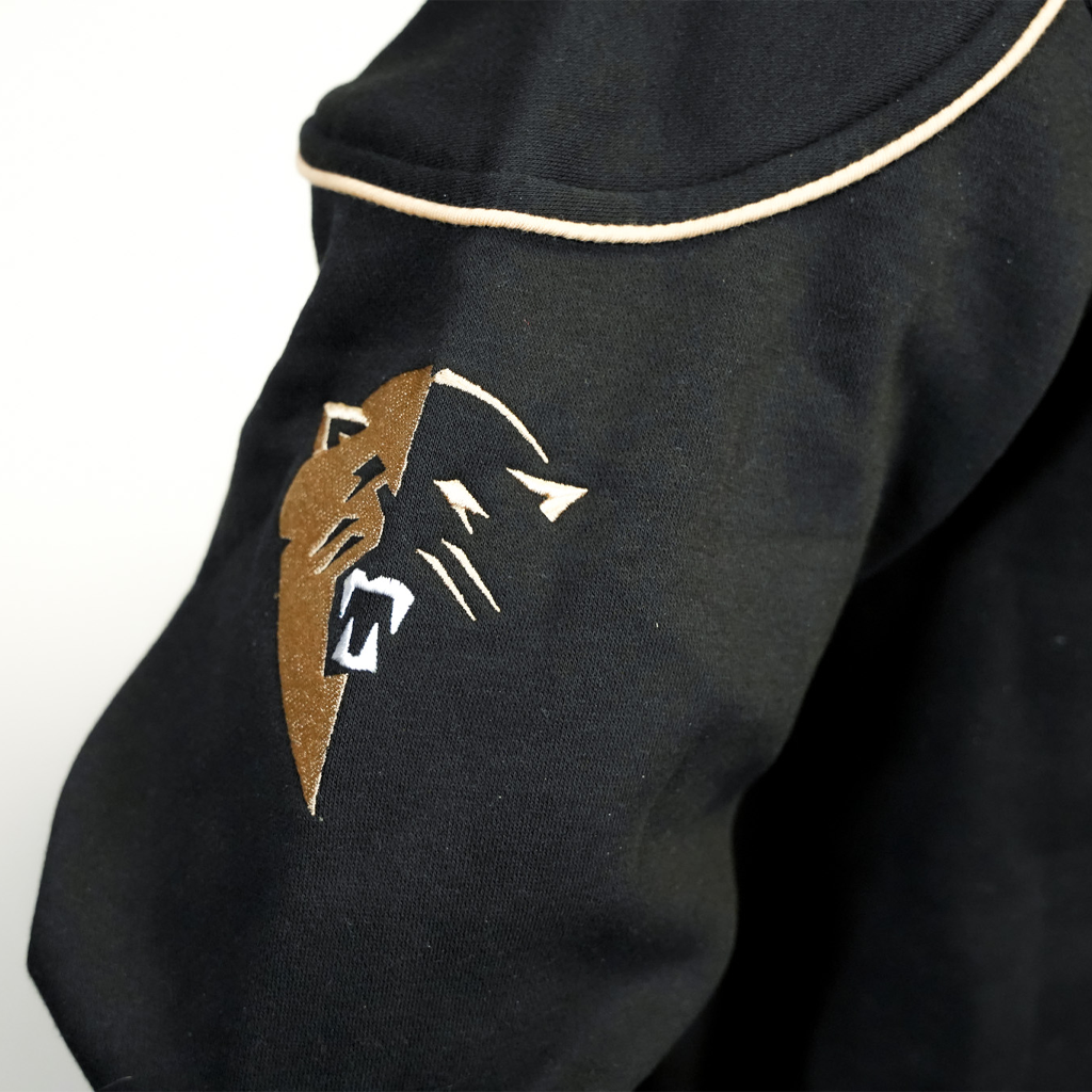 Black sweatshirt with a panther logo on the sleeve against a white background