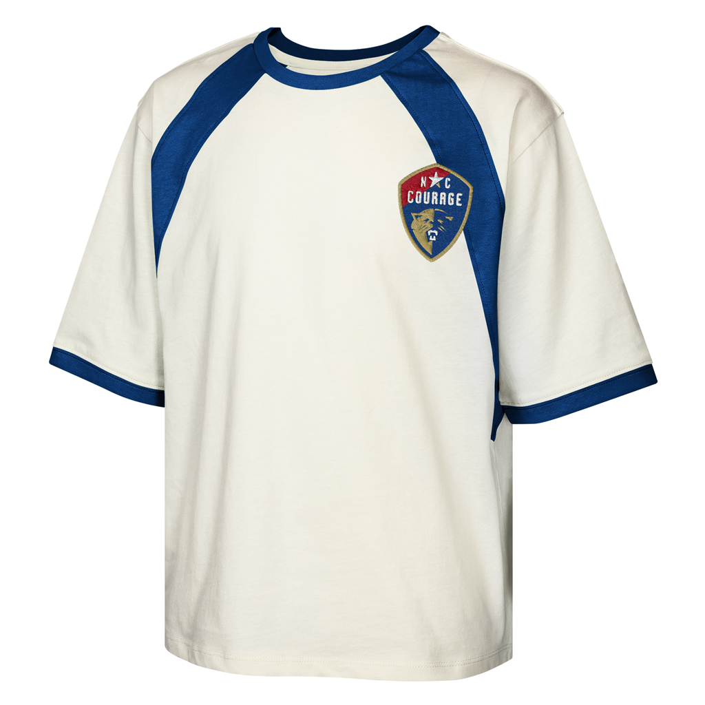 White t-shirt with blue sleeves and a logo on a white background