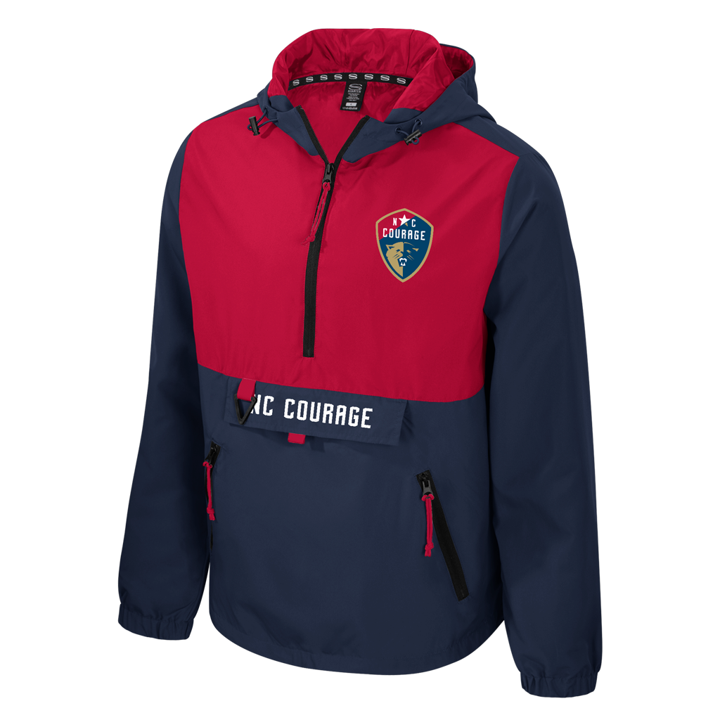 Red and navy jacket with a brand logo on a white background