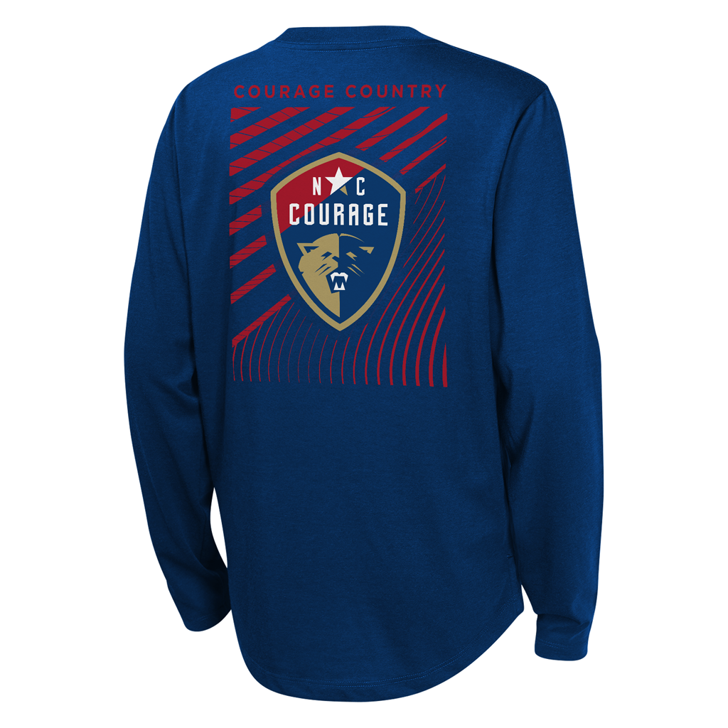 Blue long-sleeve shirt with 'NC Courage' logo on the back against a white background