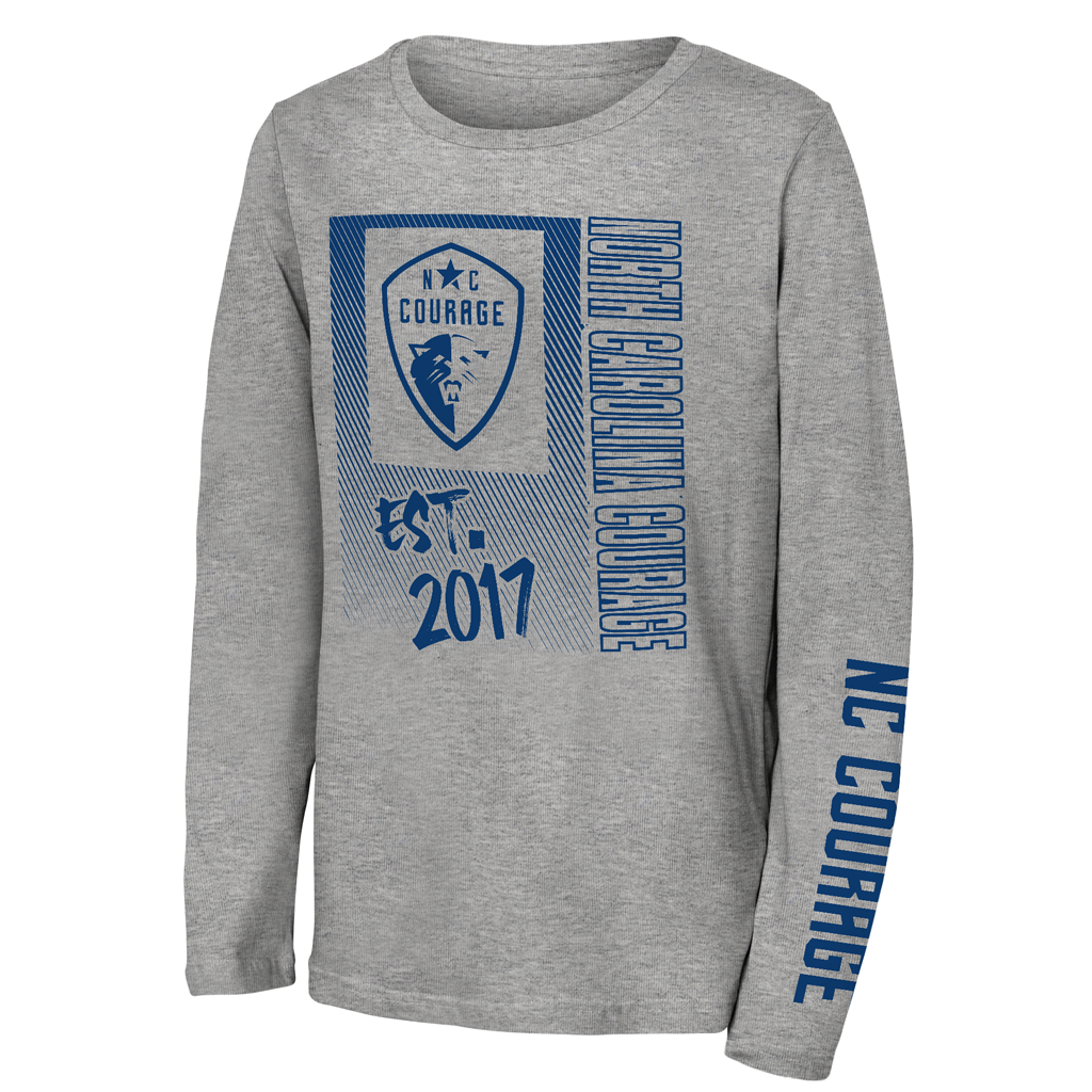 Gray long-sleeve shirt with blue text and logo on a white background