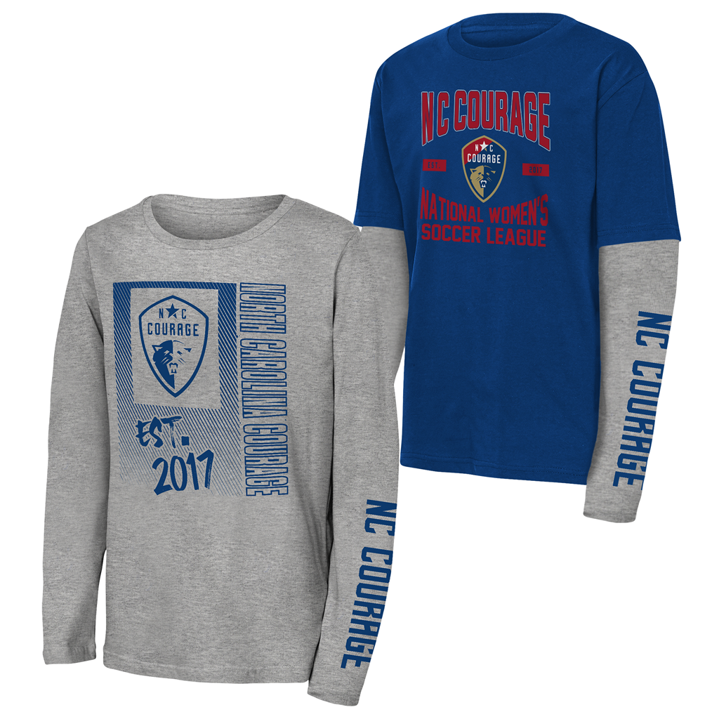 Two long-sleeve shirts, one gray and one blue, with 'NC Courage' branding on a white background.
