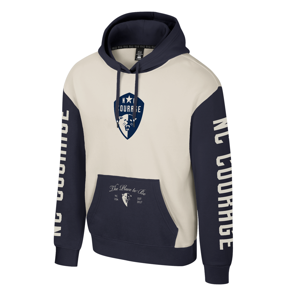 Navy and beige hoodie with branding on a white background