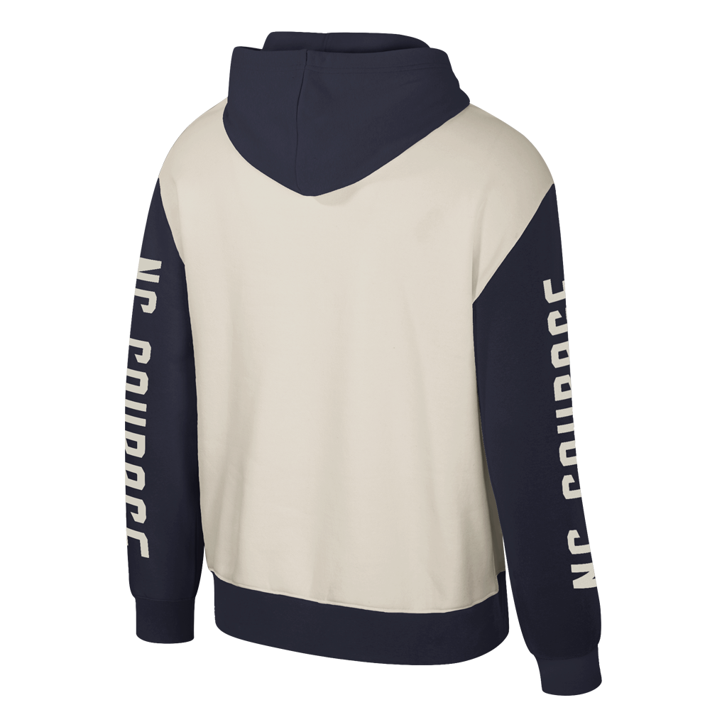 Navy and beige hoodie with branding on sleeves against a white background