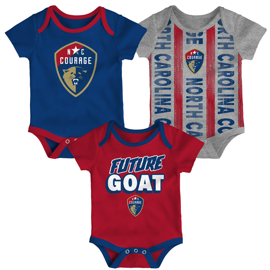 Three baby bodysuits with different designs on a white background