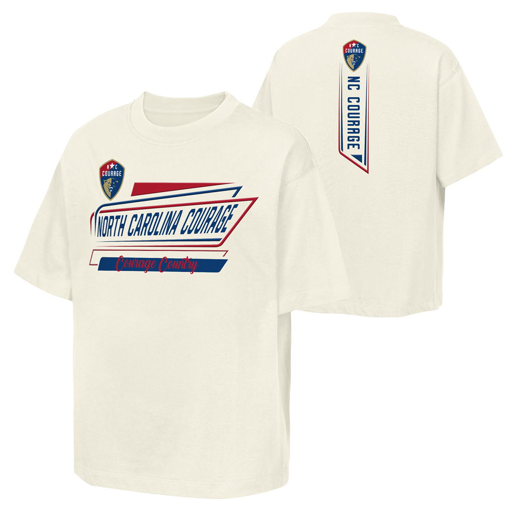 White t-shirt with 'North Carolina Courage' logo and text on a white background