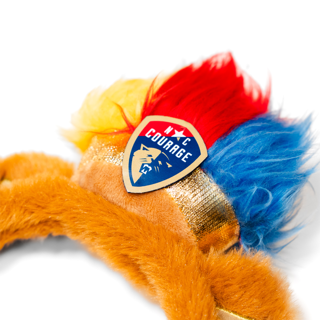 Closeup of the Courage logo and Roary hair on the Roary headband