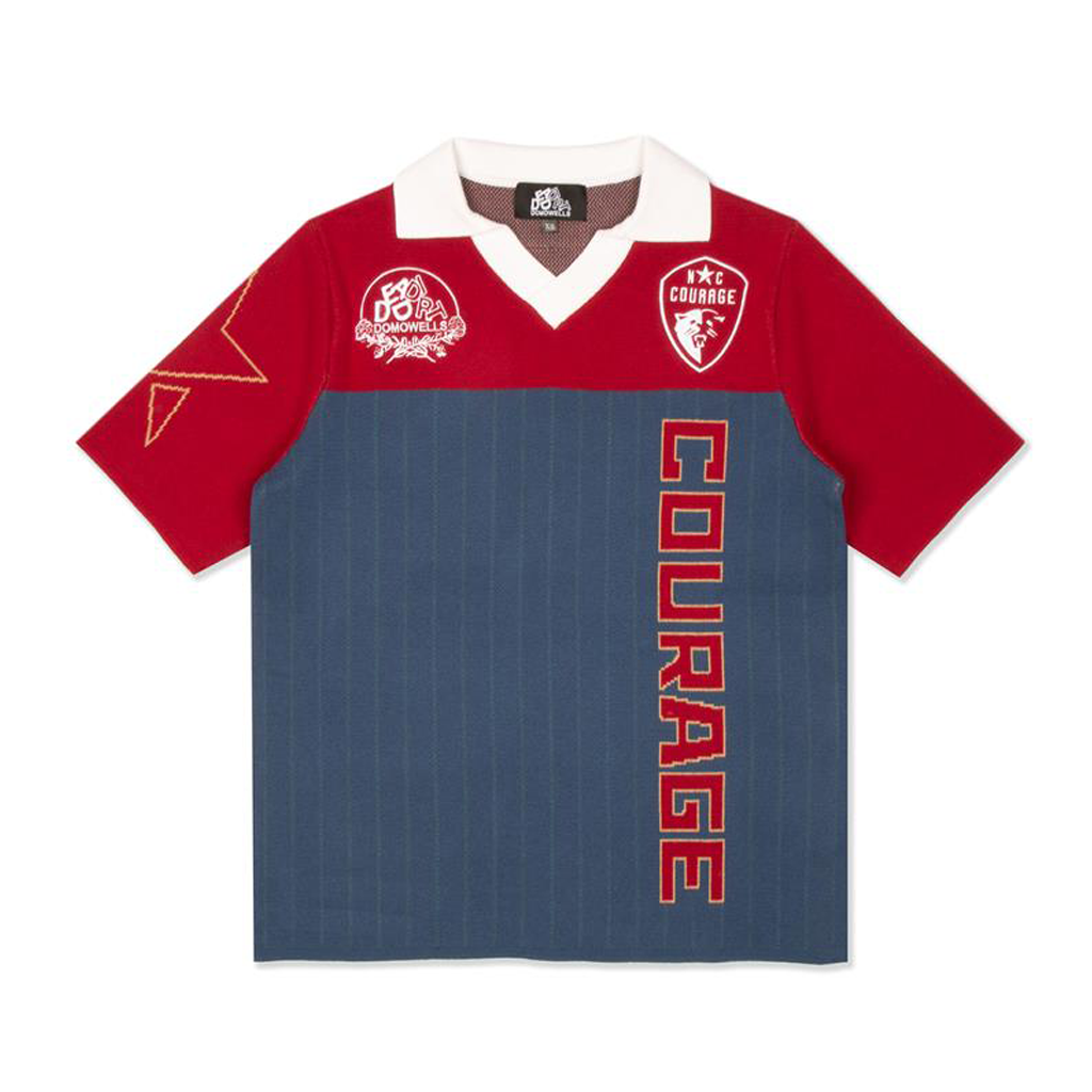 Red and blue sports shirt with 'Courage' branding on a white background