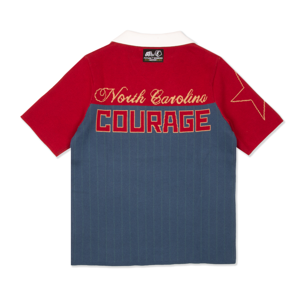 Two-tone red and blue shirt with 'North Carolina Courage' text on a white background