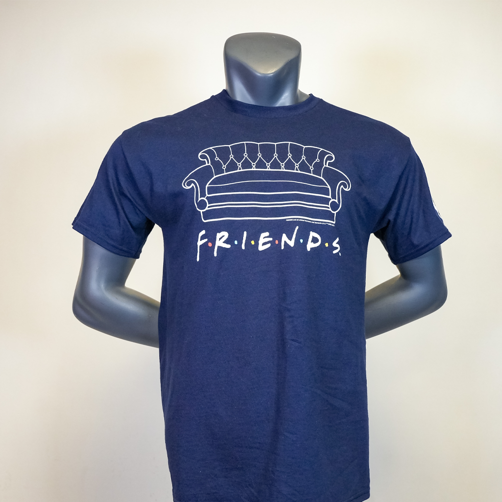 Blue T-Shirt on mannequin with Friends logo and iconic Friends couch