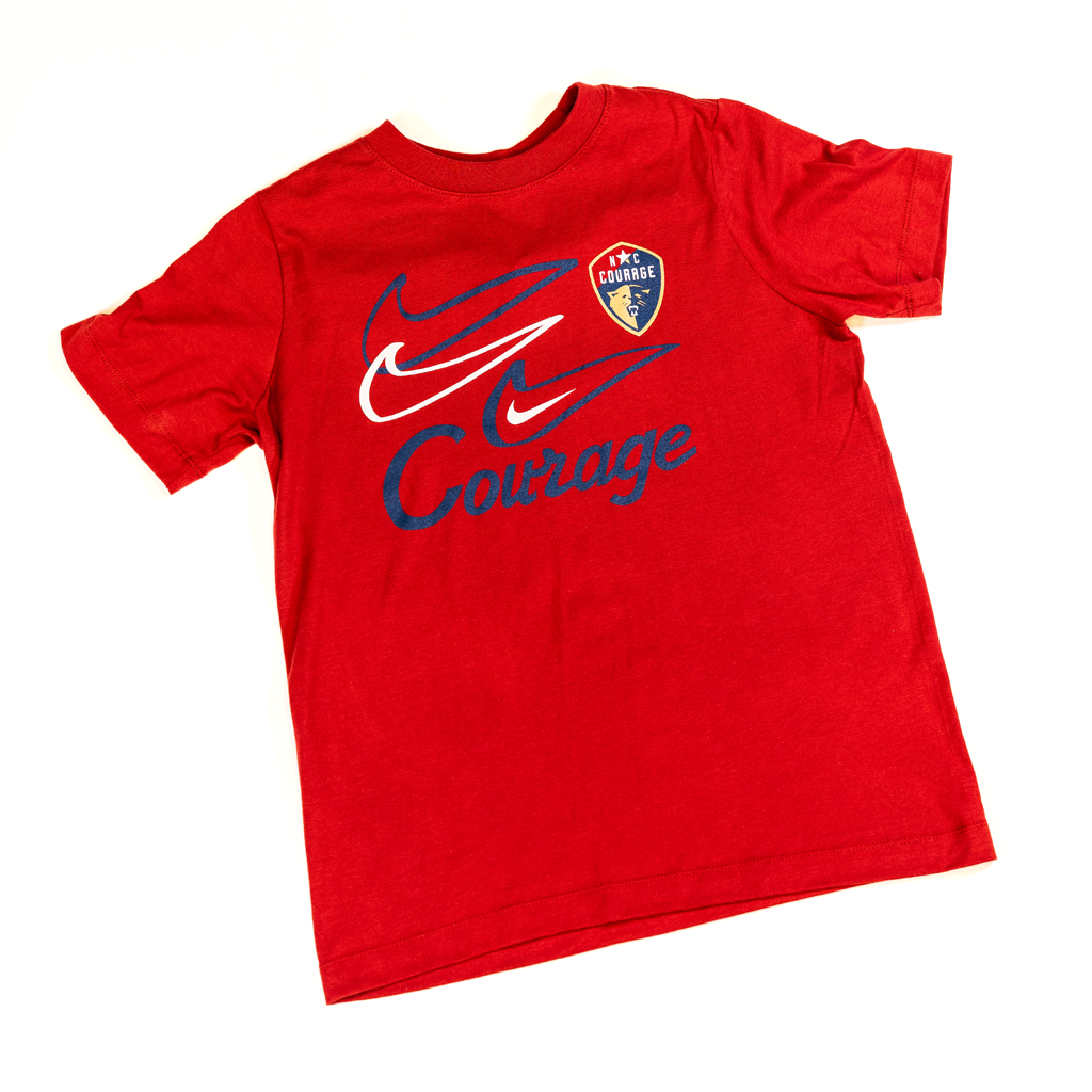 Red t-shirt with Nike logo and 'Courage' text on a white background