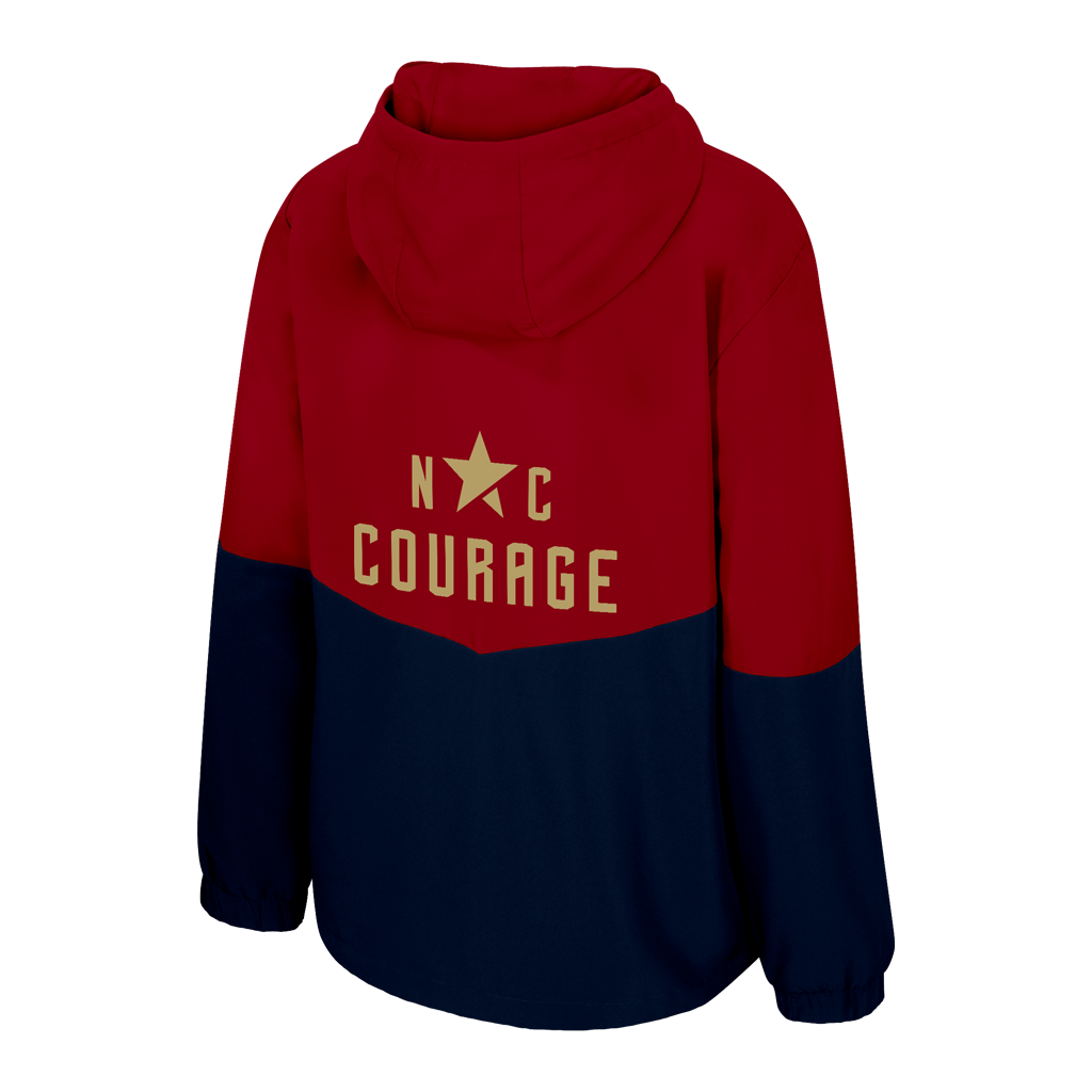 Red and navy hoodie with 'N C Courage' text on a white background