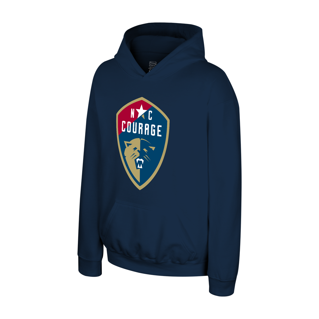 Youth stadium MVP hoodie in navy color with the NC Courage logo on the front.