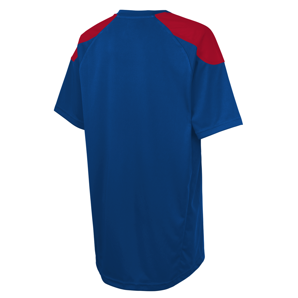 Blue sports jersey with red shoulders on a white background