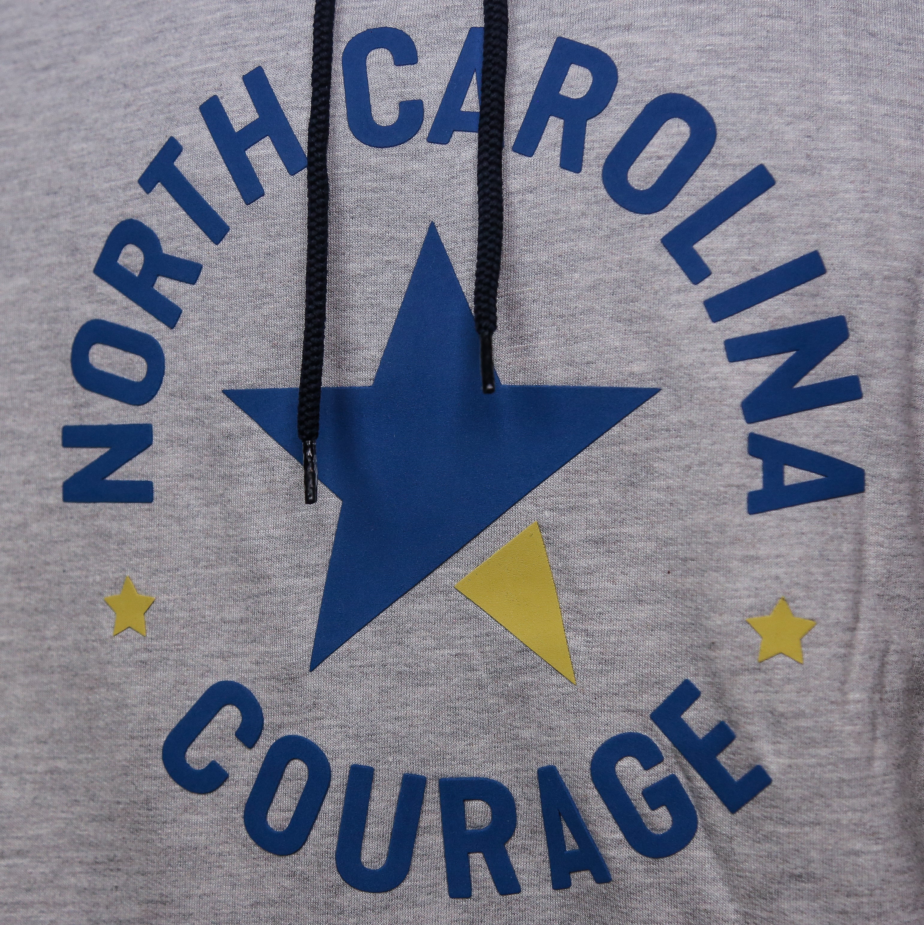 Women's grey hoodie with contrasting blue hood and cuffs, featuring the 'North Carolina Courage' logo in blue and yellow.