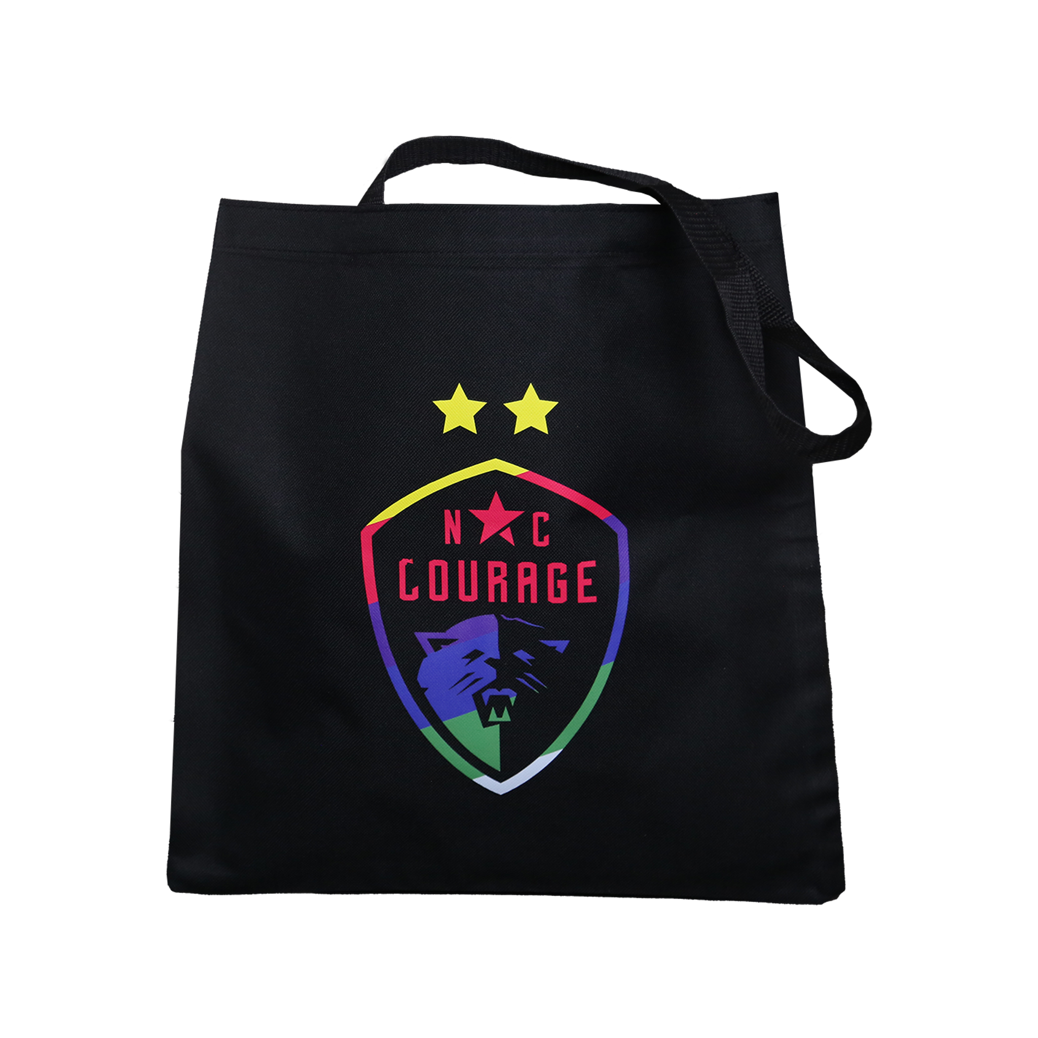 A black tote bag with the 'NC Courage' logo in colorful design, including stars and text, on the front.