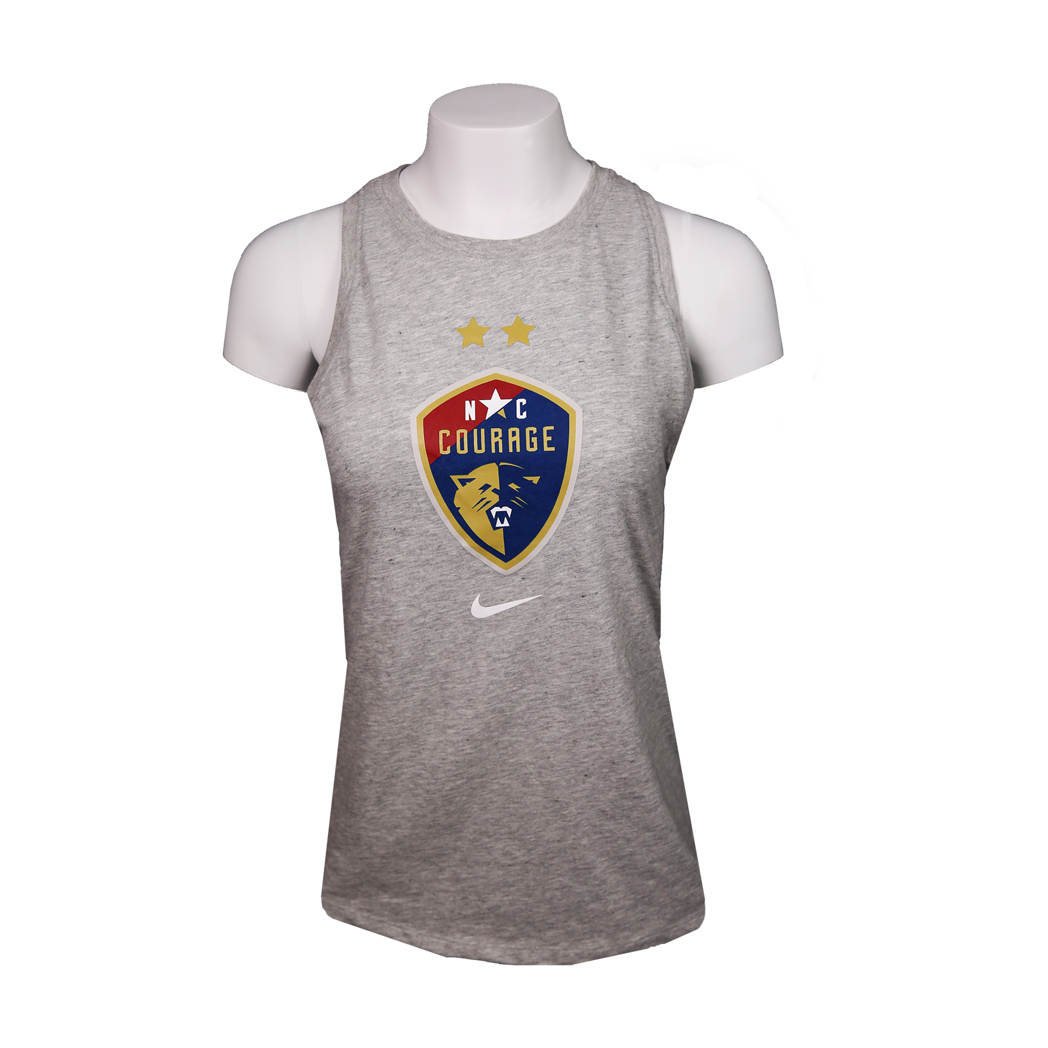 A gray Nike Tomboy tank top with the NC Courage crest screen printed in the center, featuring a crew neck and sleeveless design.