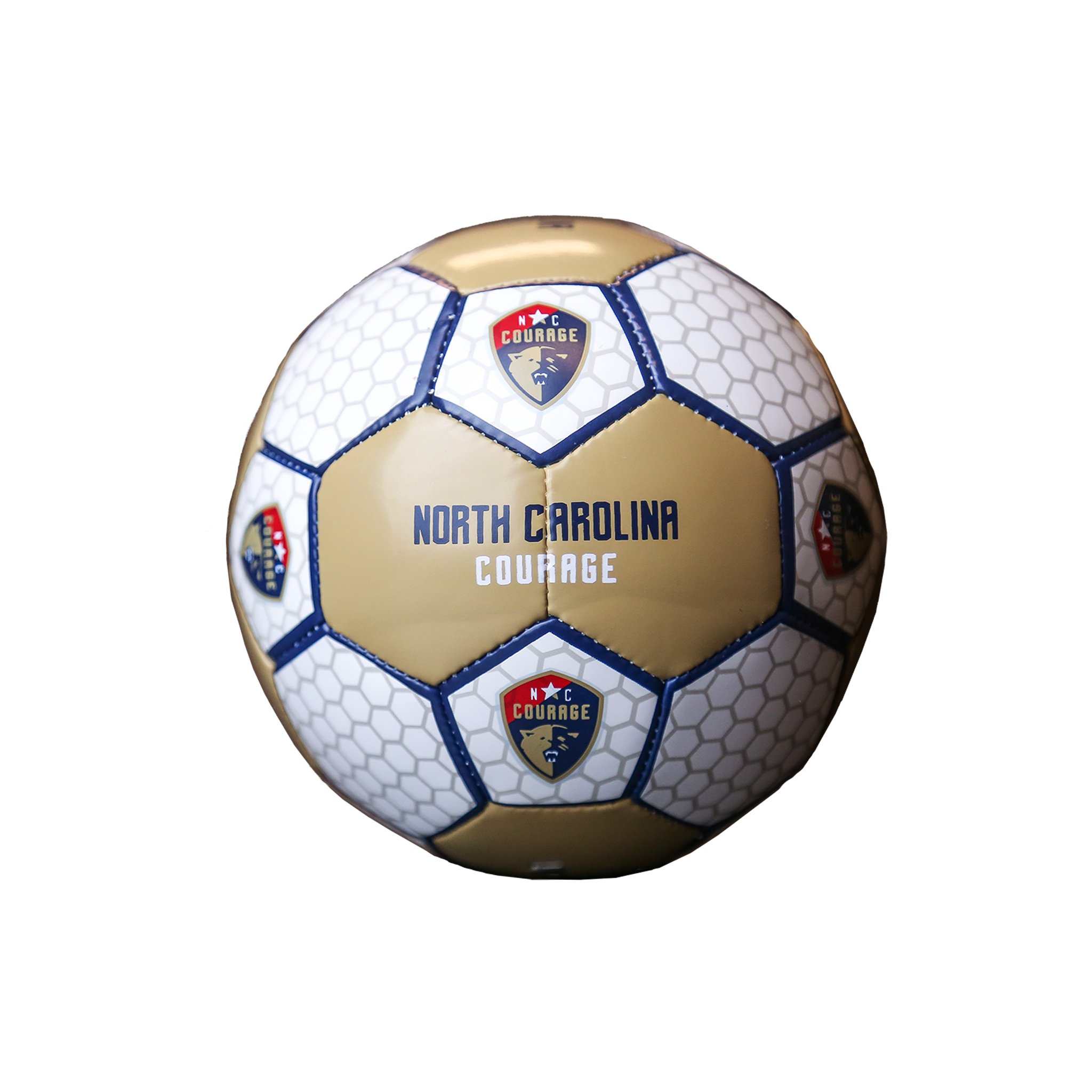 A size 1 mini soccer ball with a geometric pattern featuring the North Carolina Courage crest and wordmark in gold, blue, and white colors.