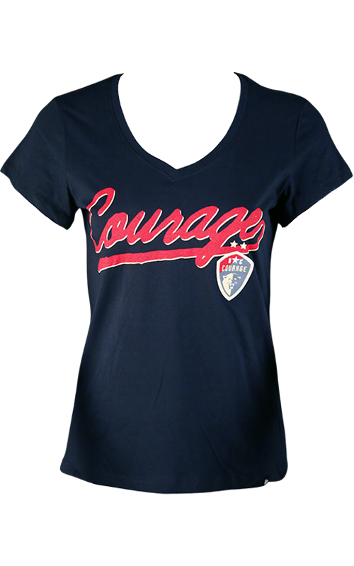 Women's navy v-neck t-shirt with the word 'Courage' written across the front in a red script font.