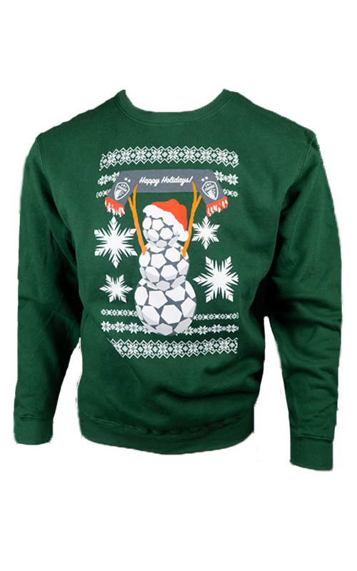 A green holiday-themed sweatshirt featuring a snowman and holiday greetings.