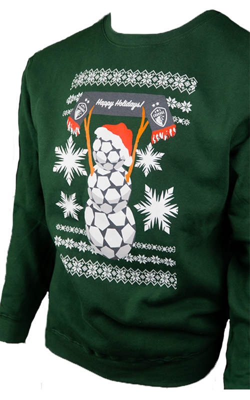 A green holiday-themed sweatshirt featuring a snowman and holiday greetings.