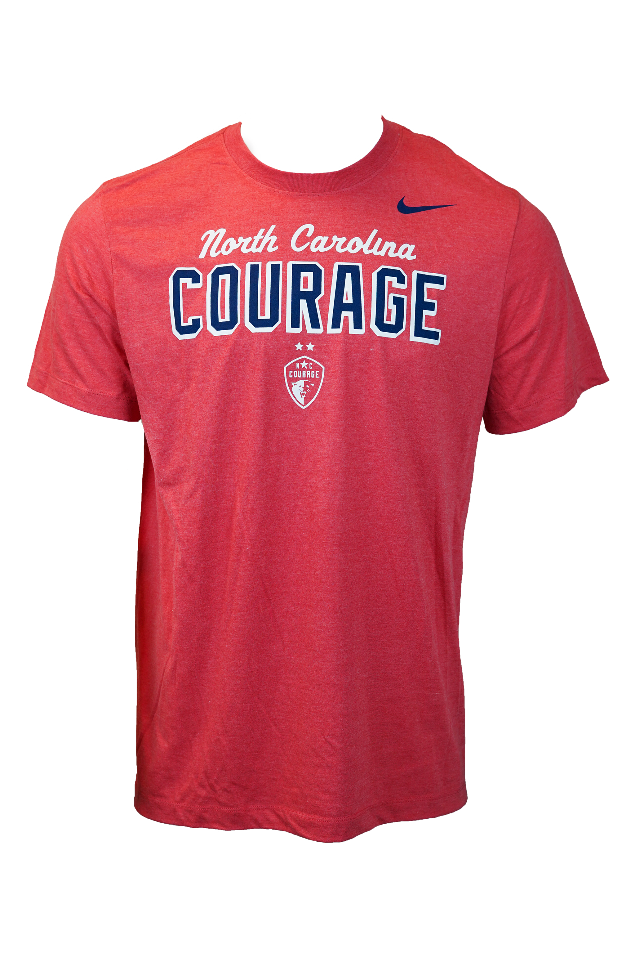 A red Nike t-shirt with 'North Carolina Courage' written in white and blue lettering, featuring the Nike logo.