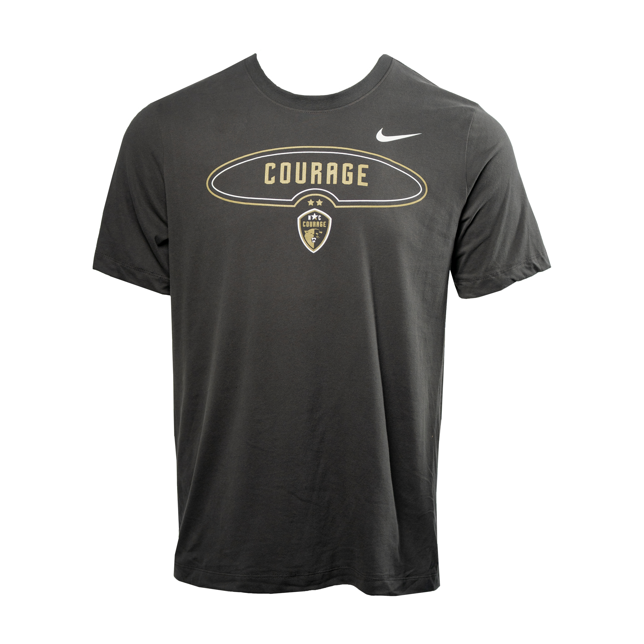 A gray Nike Dri-Fit cotton tee with a retro oval design and the word 'COURAGE' printed on the front.
