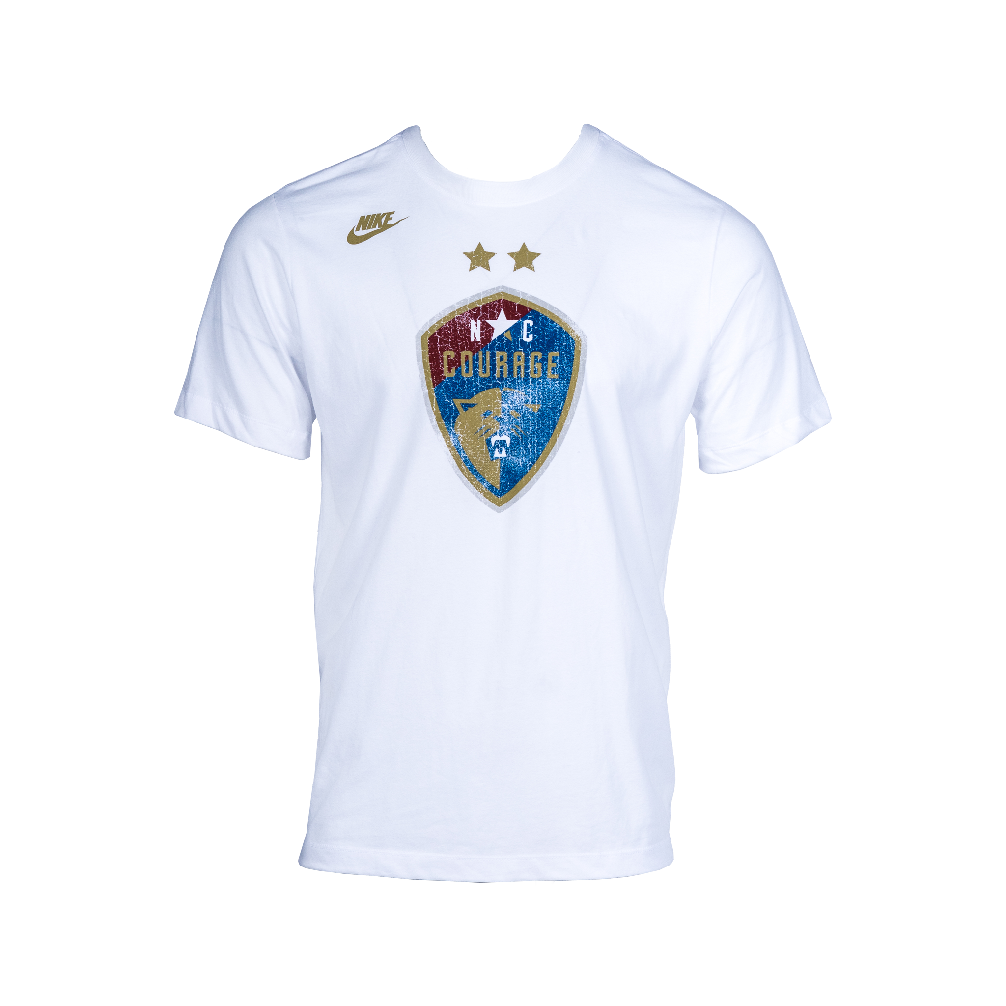 A white Nike Dri-Fit cotton tee with a crackle distressed crest of the NC Courage sports team.
