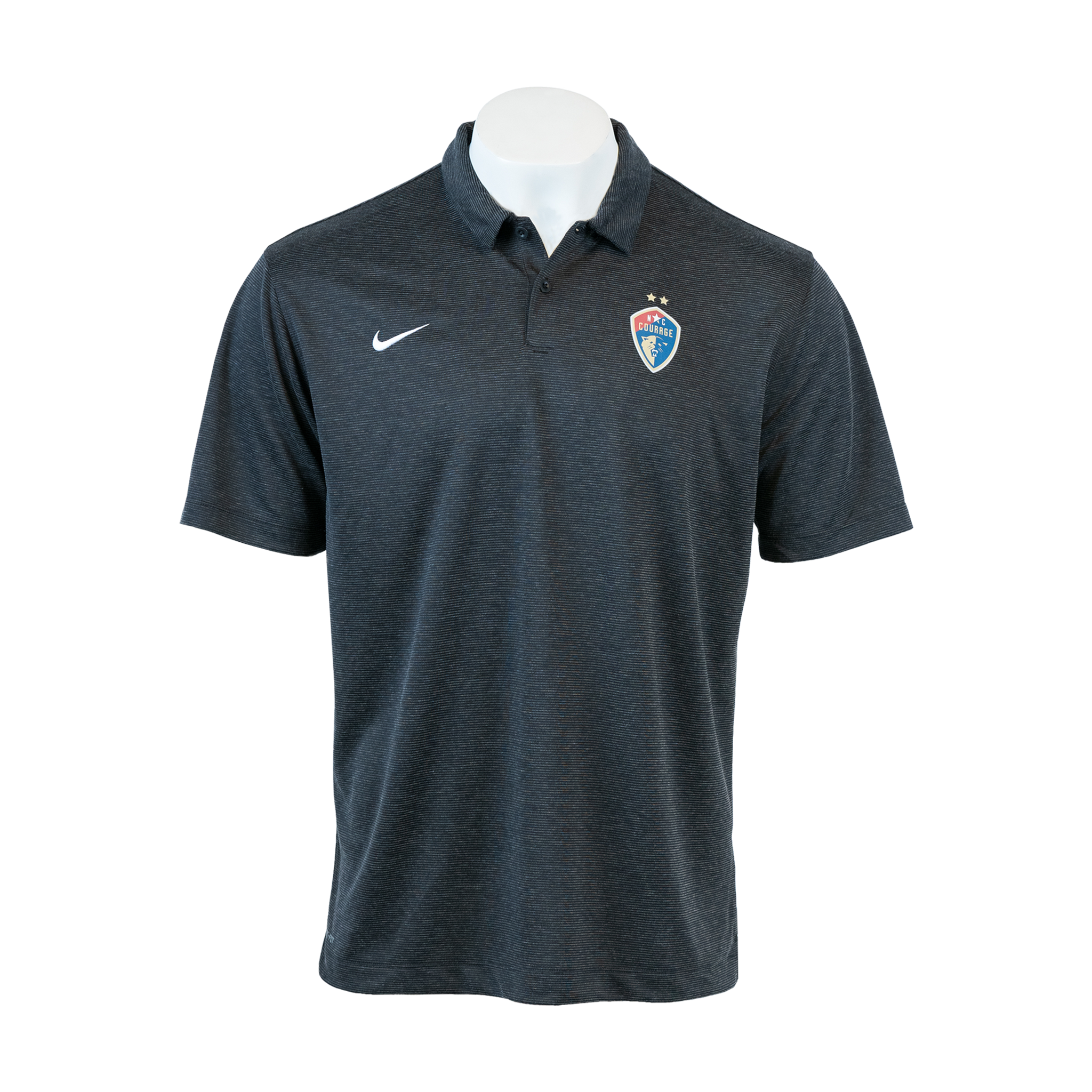 A heather black short sleeve polo shirt with a collar, featuring a logo on the chest and the Nike logo on the sleeve.