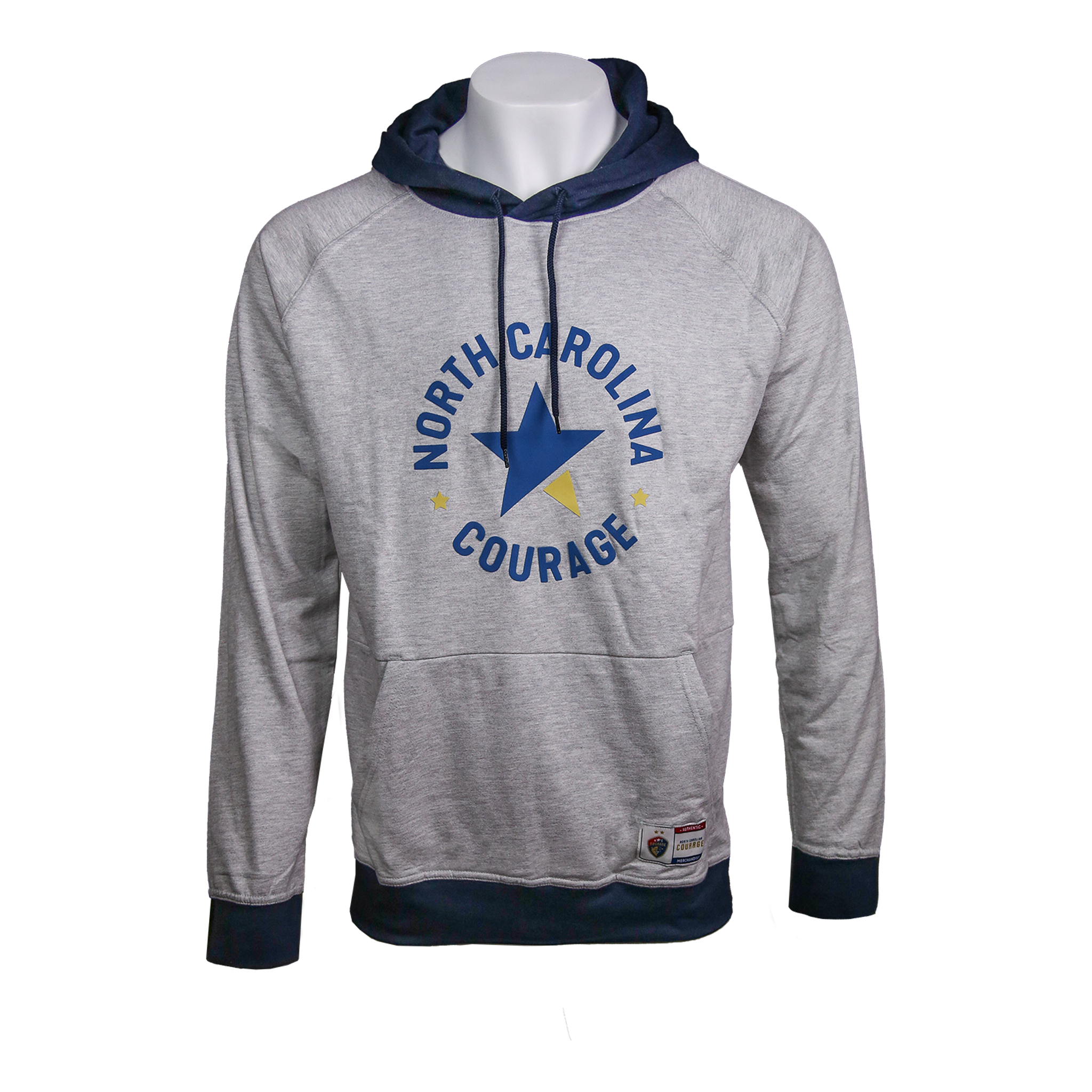 A gray hoodie with contrasting blue hood and cuffs, featuring the text 'NORTH CAROLINA COURAGE' on the front.