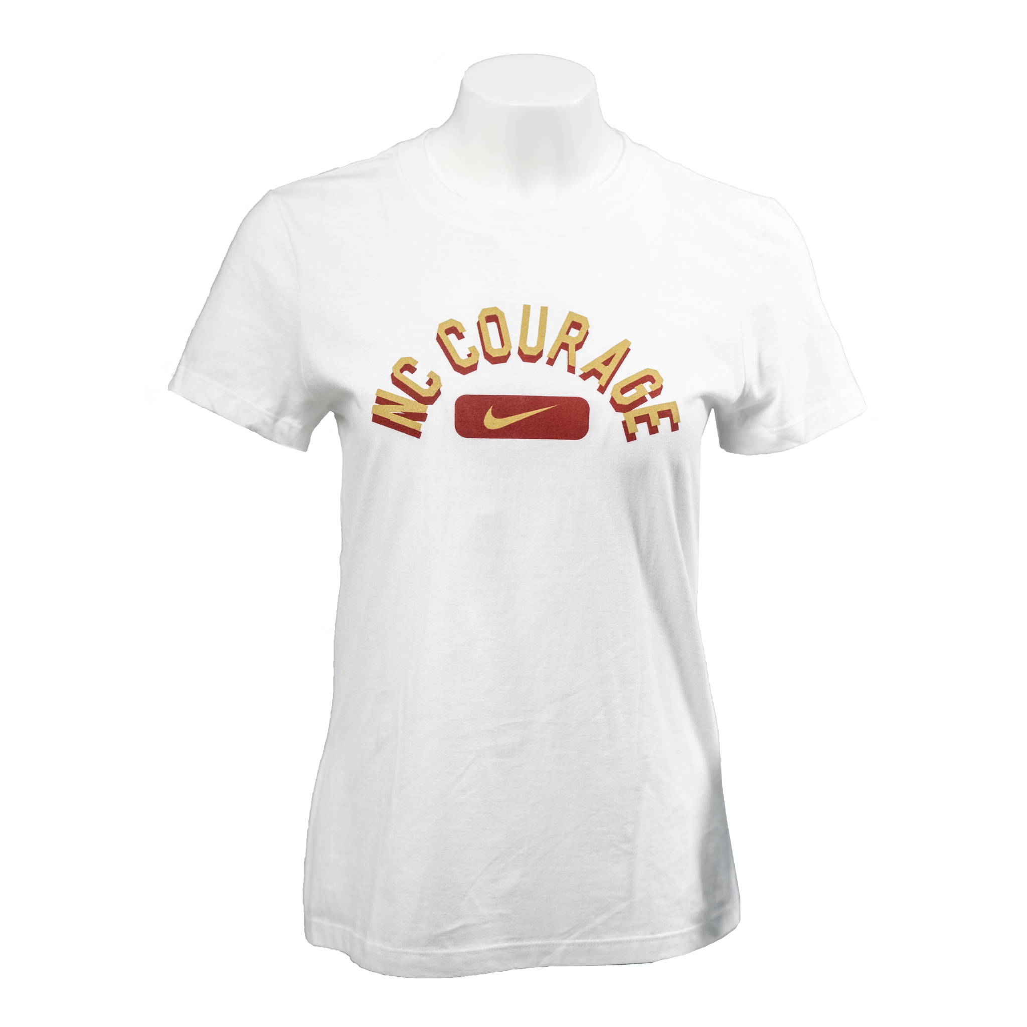 A white Nike cotton t-shirt with 'NC Courage' text and a Nike Swoosh logo in gold across the chest.