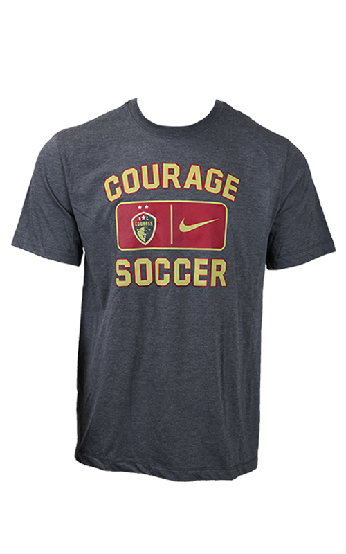 A navy t-shirt with the words 'COURAGE' and 'SOCCER' printed on it, along with the Nike logo.