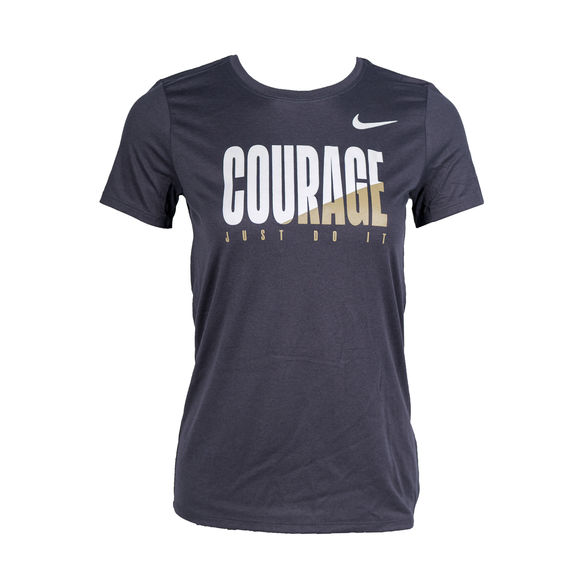 Navy Women's Dri fit tee with white and gold lettering. Just do it written across the front.