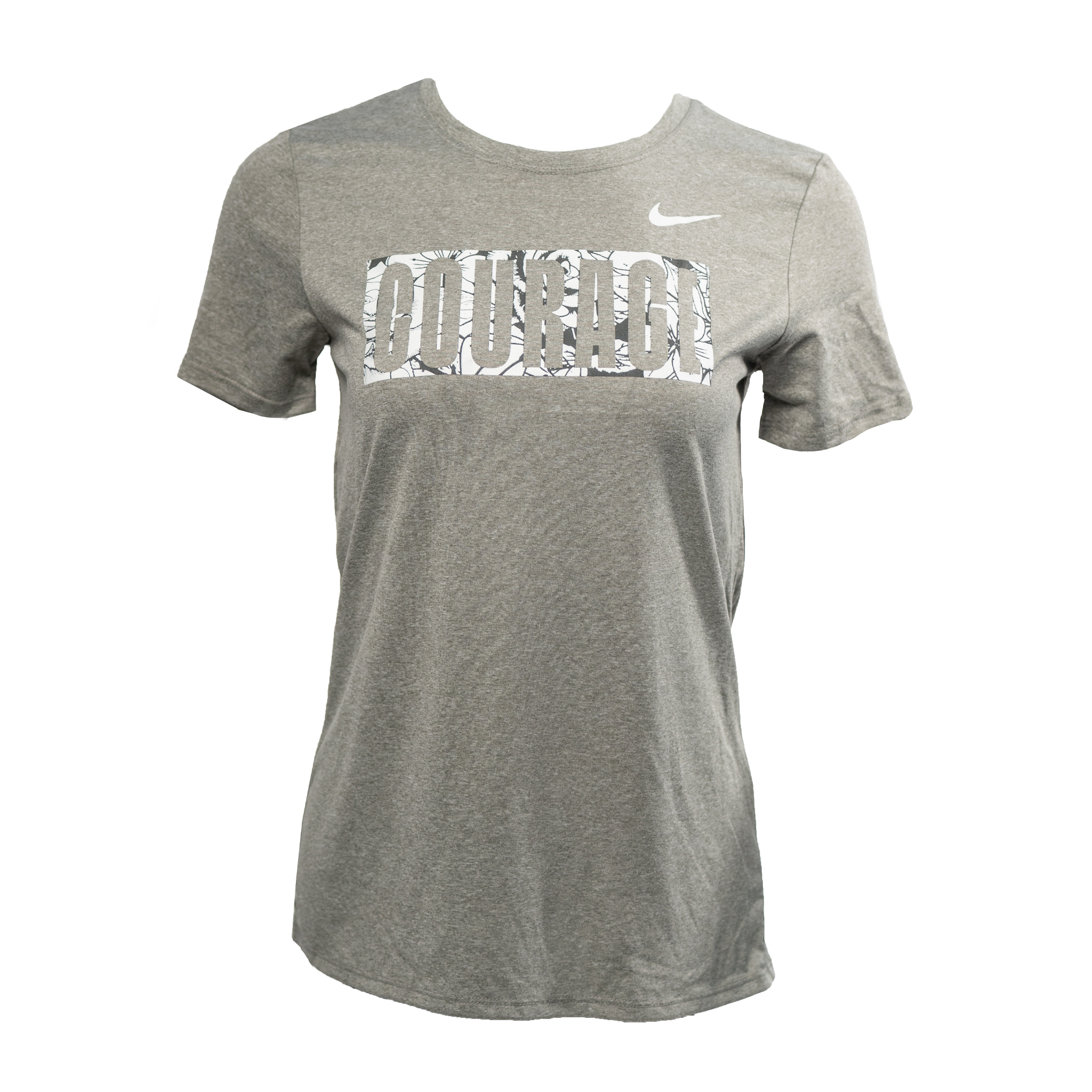 Women's gray Nike Dri-Fit t-shirt with floral pattern and the word 'DURHAM' written across the front.