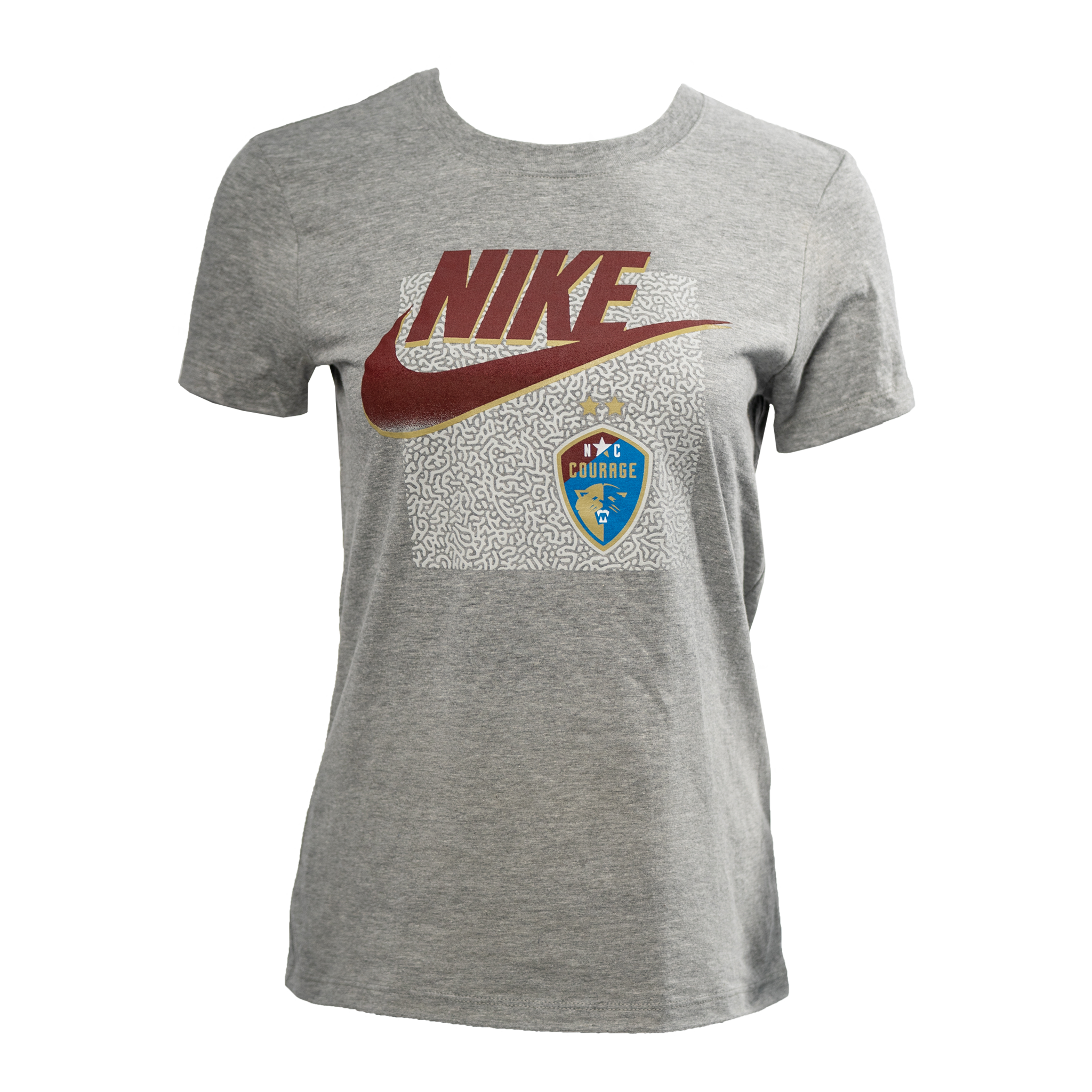 A gray Nike t-shirt with a large gradient maroon and gold Nike Futura swoosh and the NC Courage two-star full color logo.