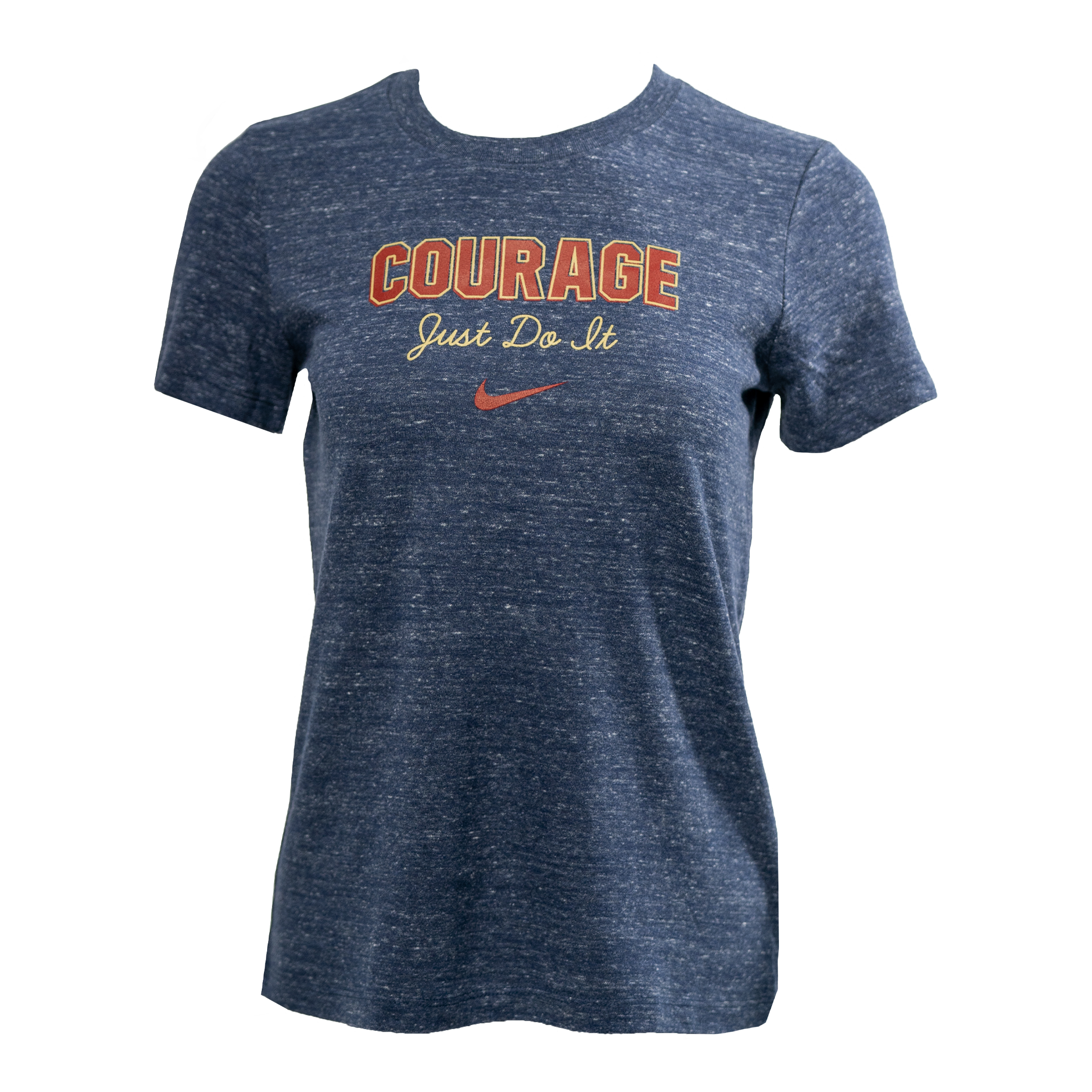 A navy t-shirt with 'COURAGE' written in red varsity letters and 'Just Do It' in gold cursive, with a small Nike swoosh in red below.