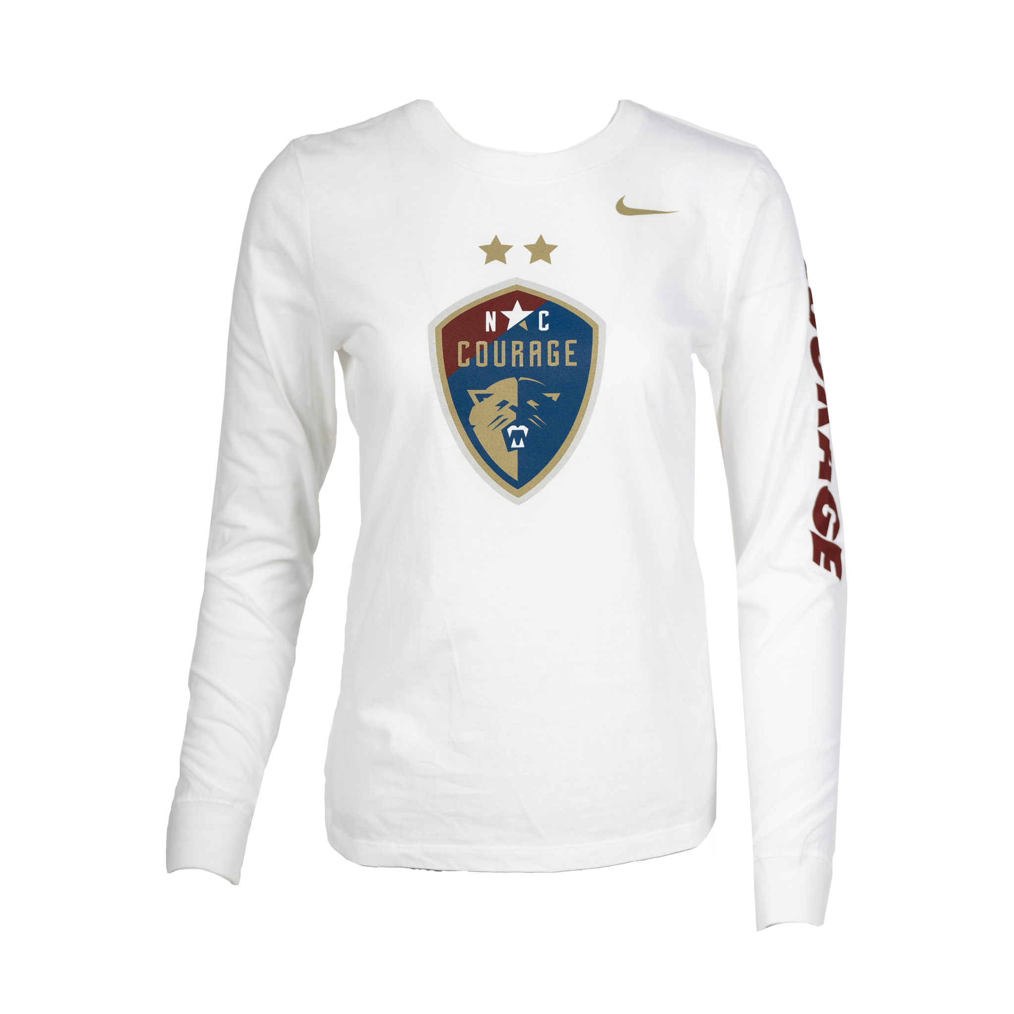 Women's white long sleeve cotton t-shirt with a sports team crest on the chest and the name 'COURAGE' down one sleeve.