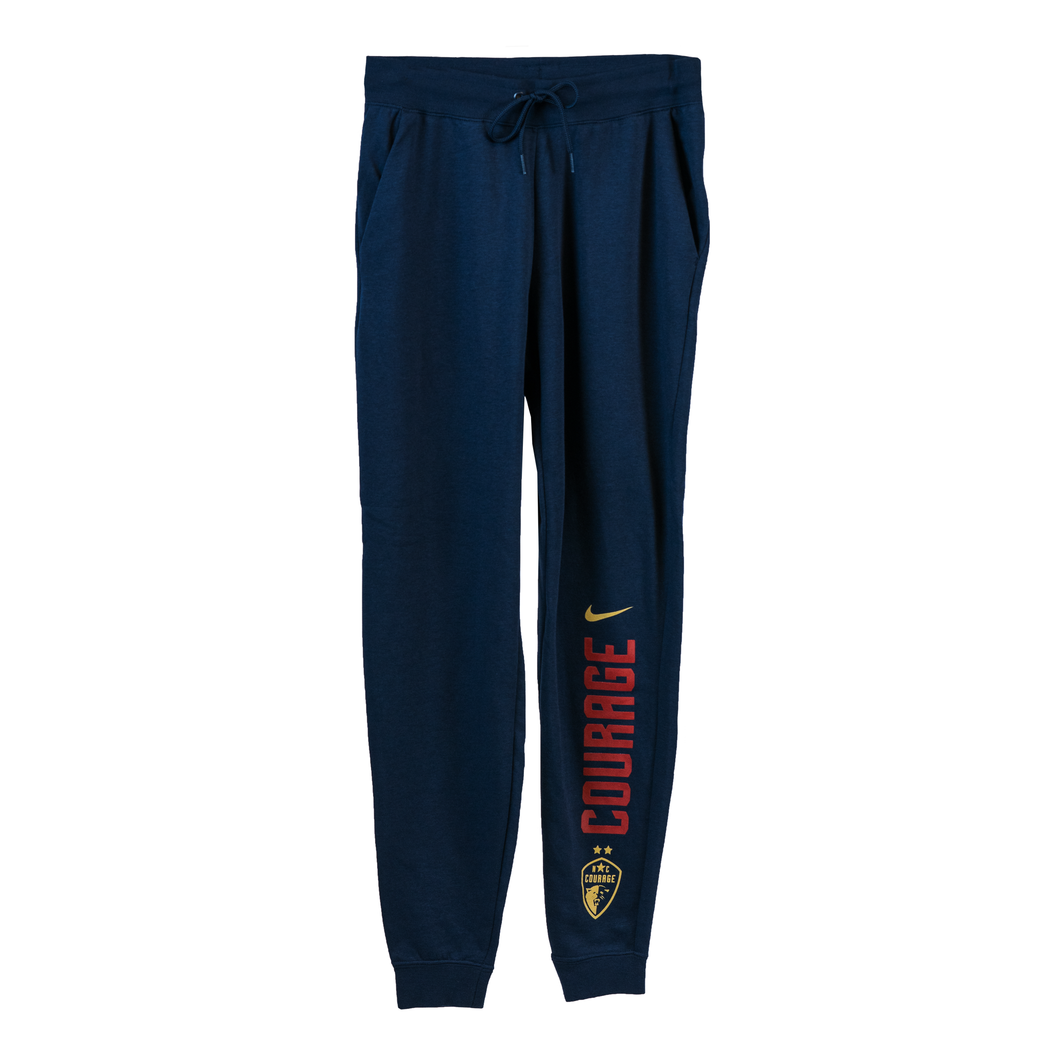 A pair of navy blue NC Courage women's varsity fleece joggers with a drawstring waist and a printed design that includes the word 'COURAGE' and a logo.