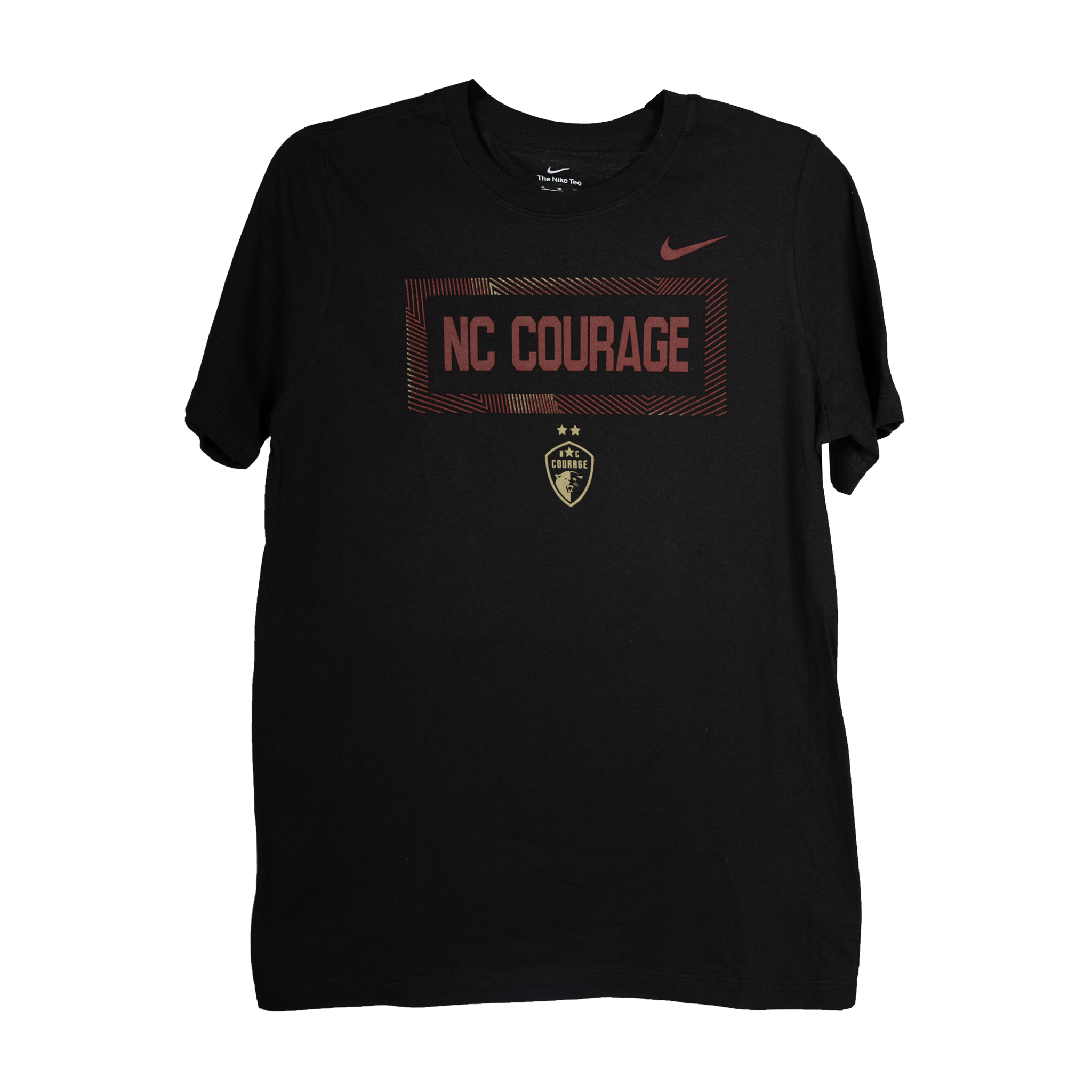 A black Nike youth t-shirt with red and gold striped box design around NC Courage and a gold NC Courage crest.
