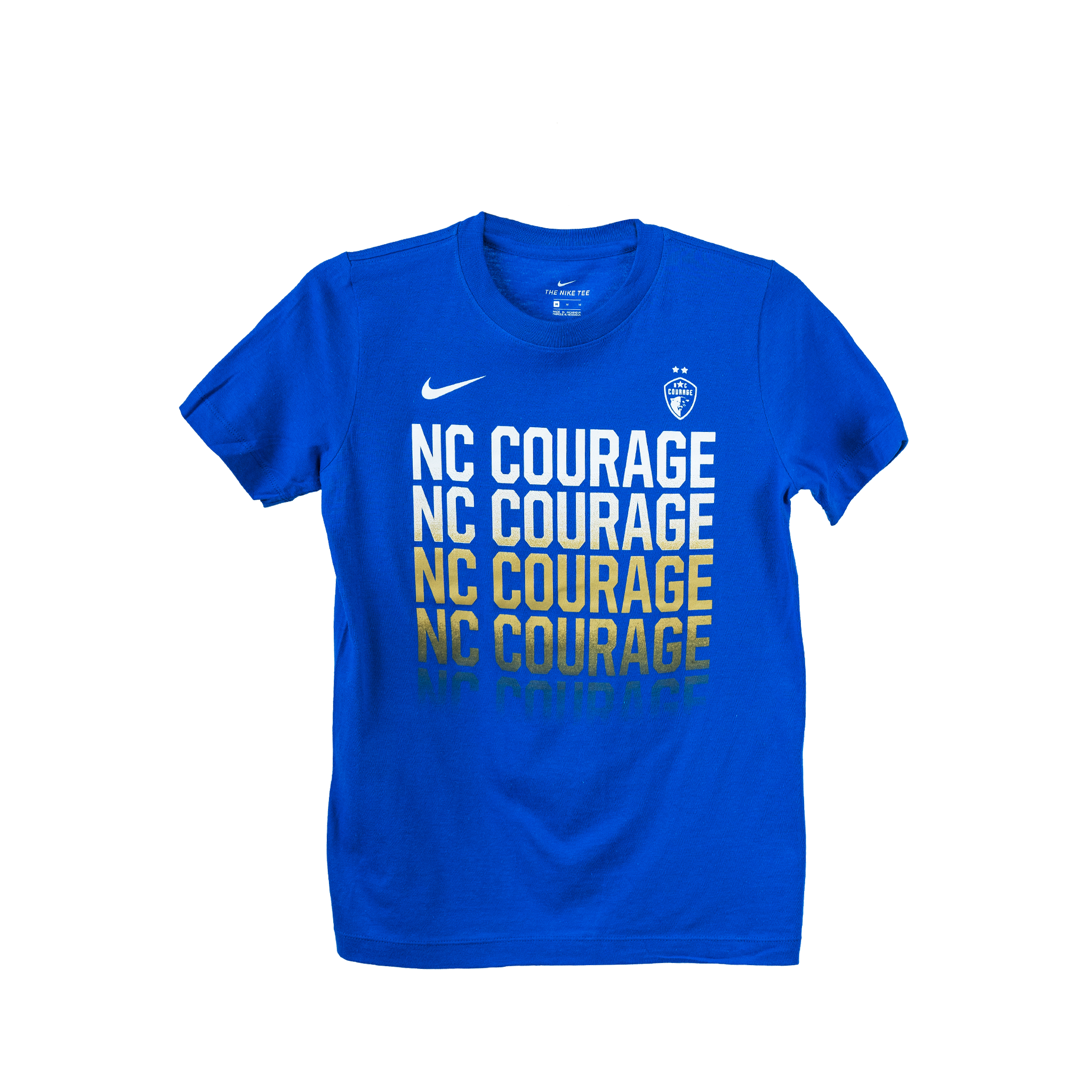 A royal blue youth t-shirt with 'NC COURAGE' printed in white and gold repeating pattern.