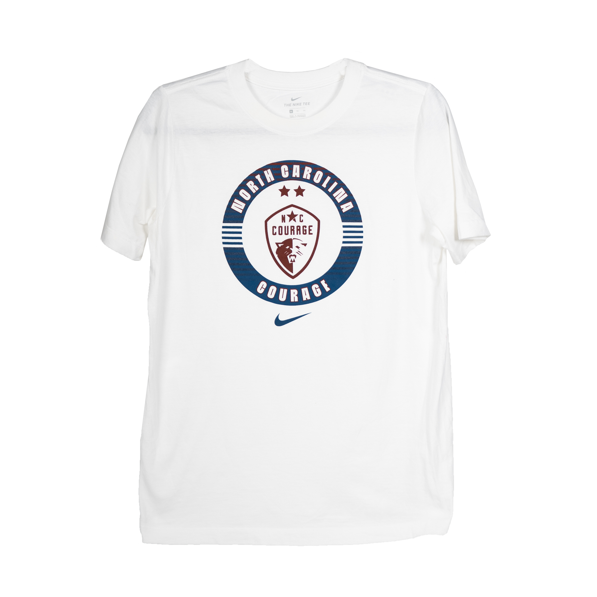 A white Nike t-shirt with a red and blue gradient circle around a red NC Courage crest logo.